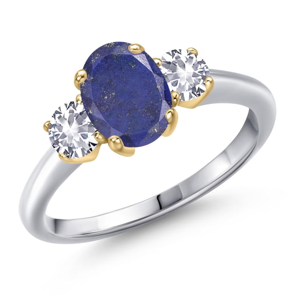Gem Stone King 10K Two Tone Gold Blue Lapis and White Created Sapphire Engagement Ring for Women | 1.90 Cttw | Oval 8X6MM | Gemstone Birthstone | Size 5