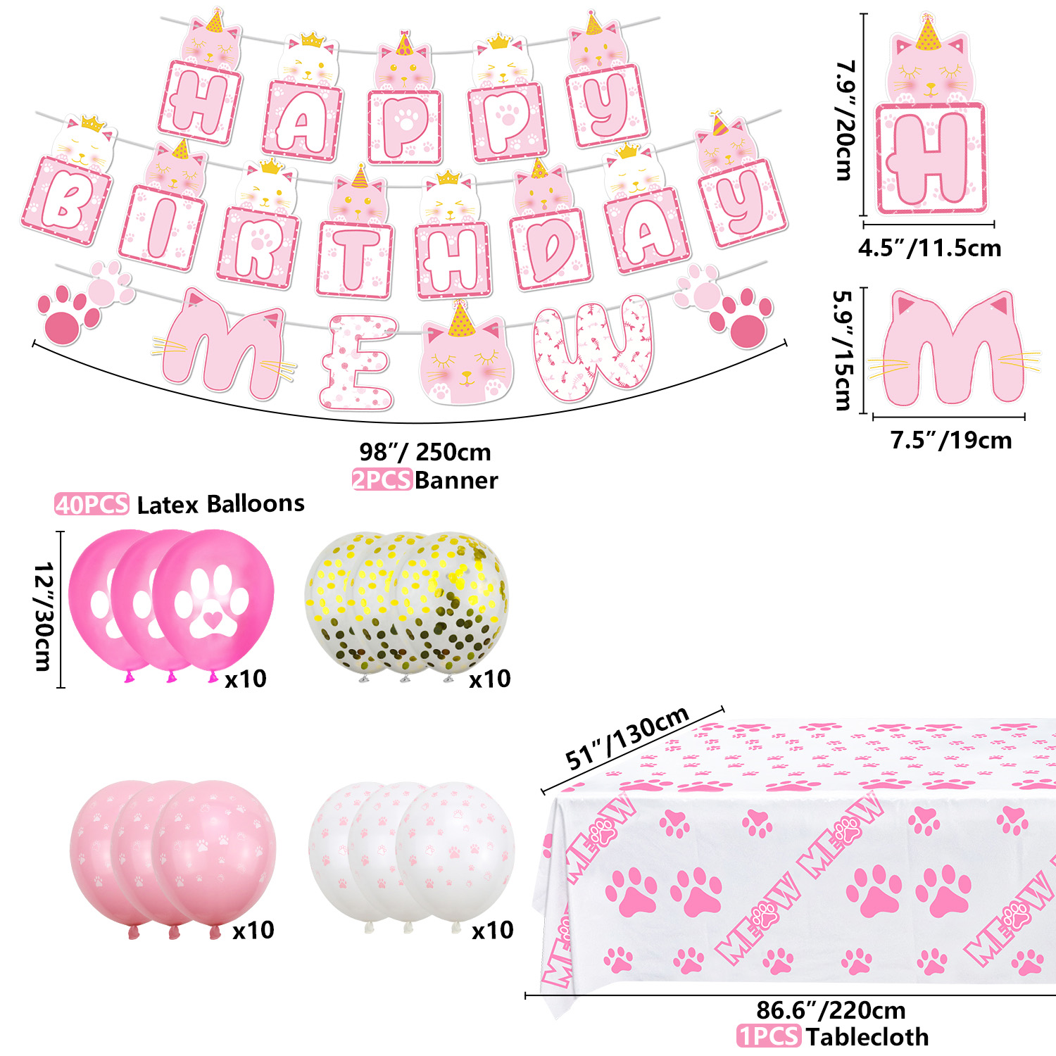 218 PCS Cat Birthday Party Supplies - Cat Balloons, Birthday Banner, MEOW Garland, DIY Hanging Sign, Cake Topper, Plates, Napkins, Cups and Tablecloth for Cat Birthday Decorations, Serve 20 Guests