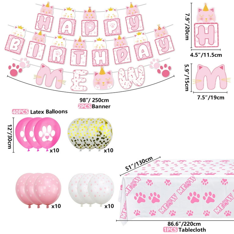 220 PCS Kitty Cat Birthday Party Kit Balloons, Banner, Cake
