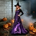 thumbnail image 2 of Witch Dress for Women Halloween Long Sleeve Lace V Neck Vintage Gothic Maxi Dress Allover Halloween Print Haunted House A Line Party Dress, 2 of 6