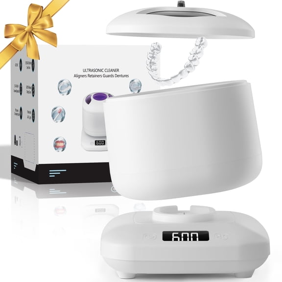 Ultrasonic Retainer Cleaner, 45kHz Retainer Cleaner Machine ,UVC Ultrasonic Cleaner Dental Pod for Aligners,  Mouth Guard, Jewelry, Toothbrush,Portable Detachable Tank, White, Gift