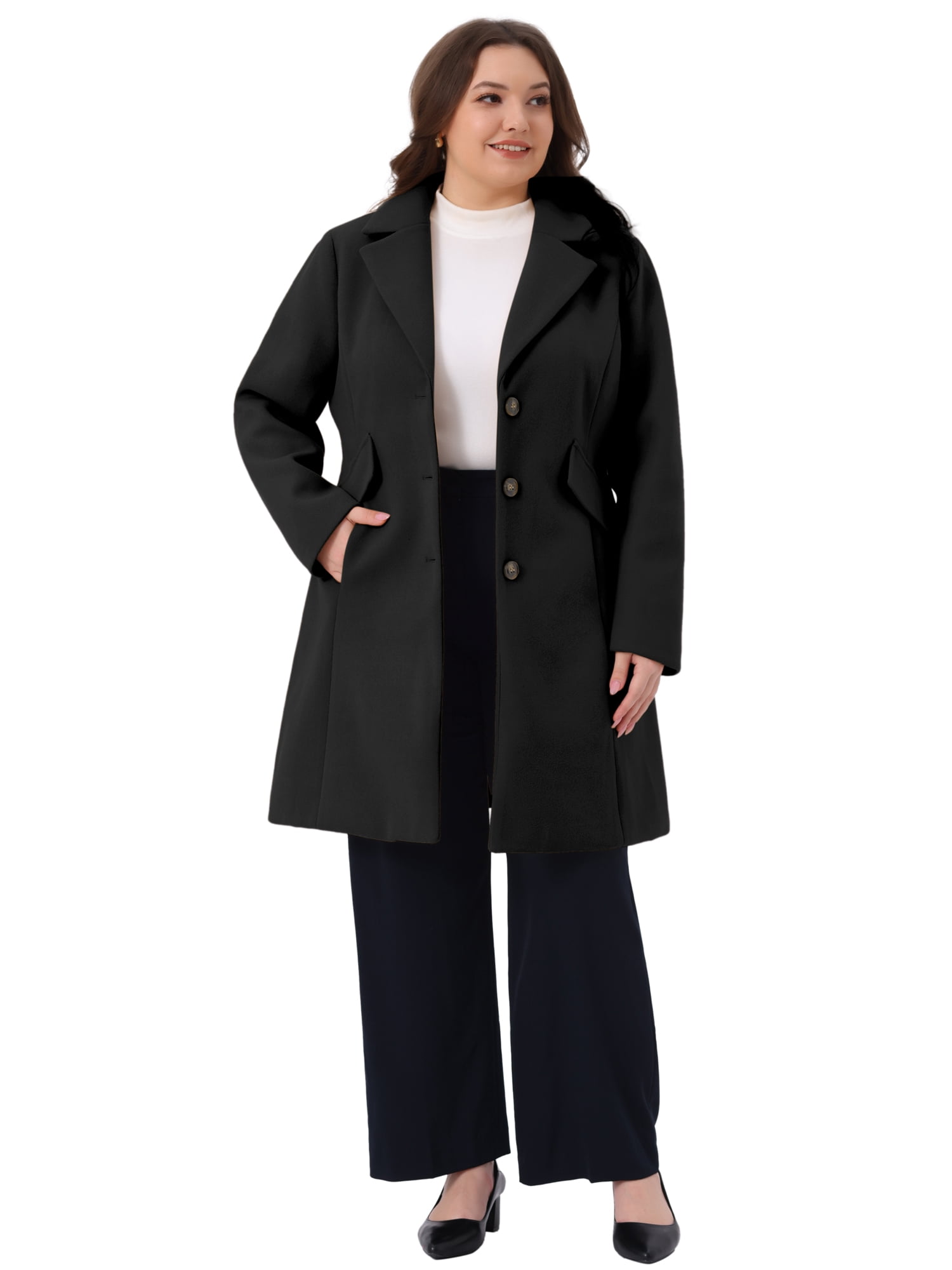 DARING DIVA Women's Plus Mid Length Notch Lapel Single Breasted Pea Jacket 1X Black