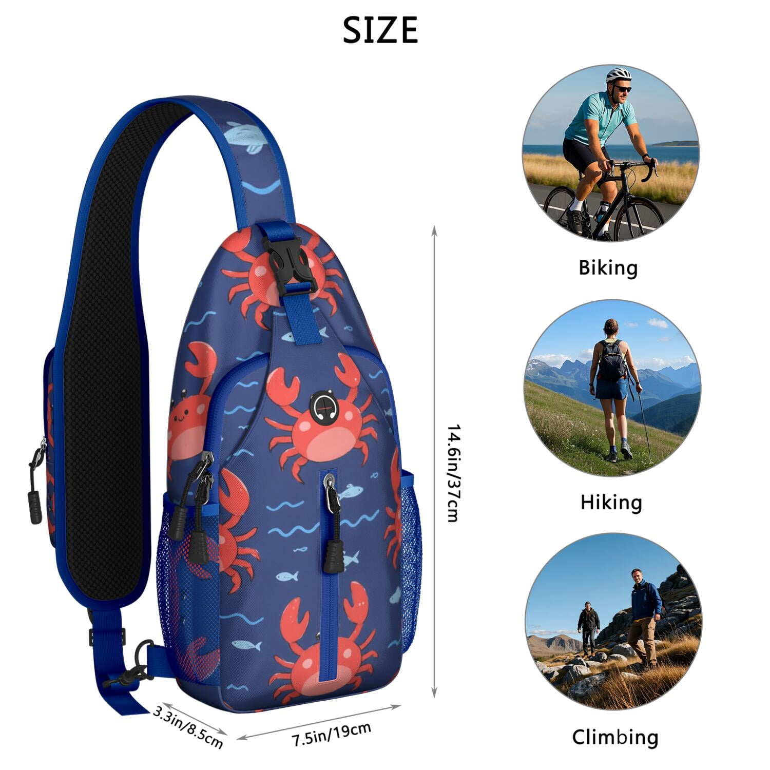 Crab Marine Crossbody Sling Bag for Women Men Hiking Sling Backpack Hiking Bag for Outdoor Activities Gym Small Travel Backpack Trendy Sling Backpack