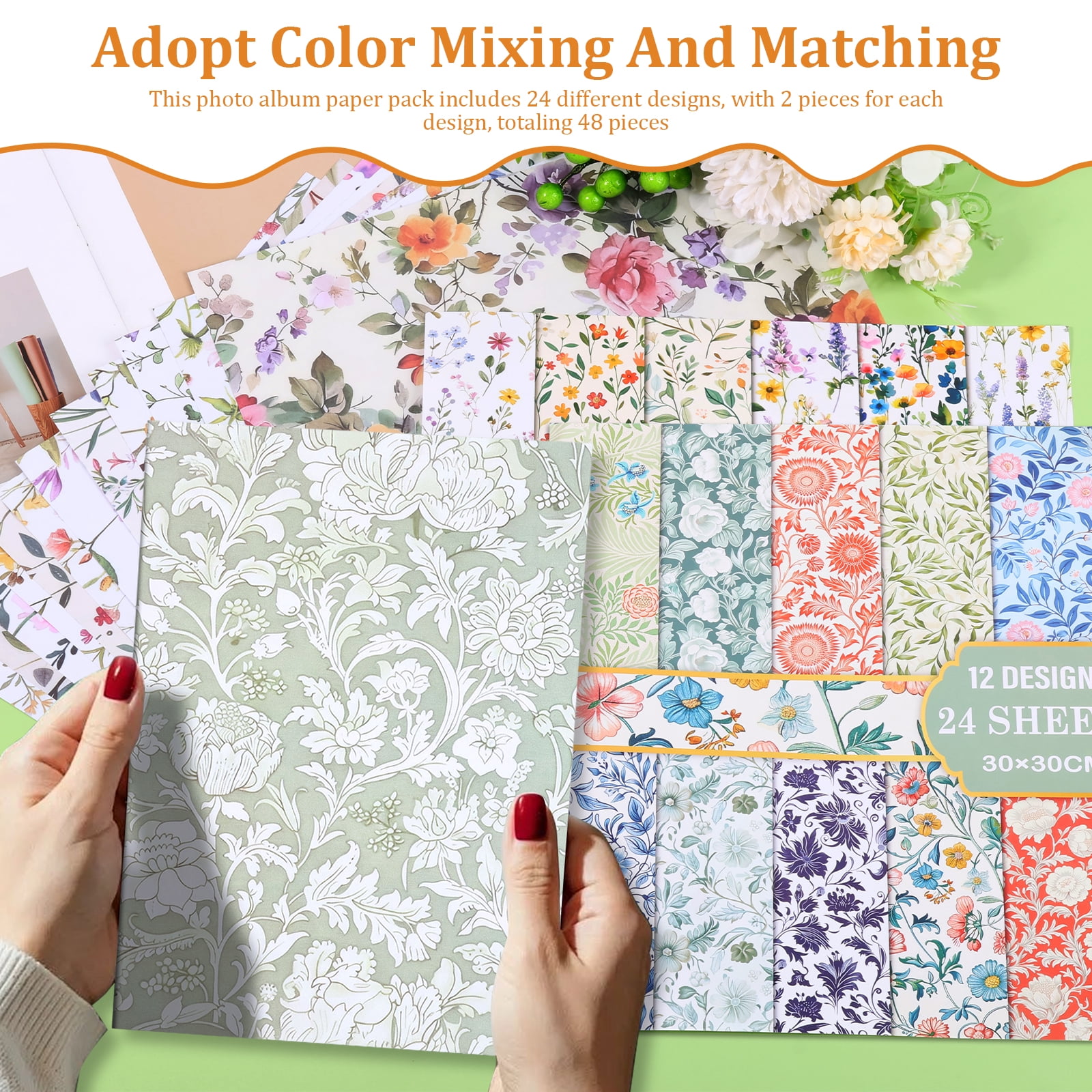 48Pcs Vintage Floral Scrapbook Paper Set Double Sided Flower Pattern Decorative Craft Paper for Birthday DIY Card