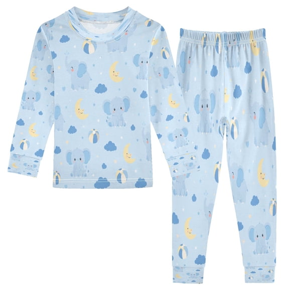 Cotton Children's Pajama Set with Long Sleeve Top and Pants for Boys & Girls Light Blue Small Elephant Pattern 18M