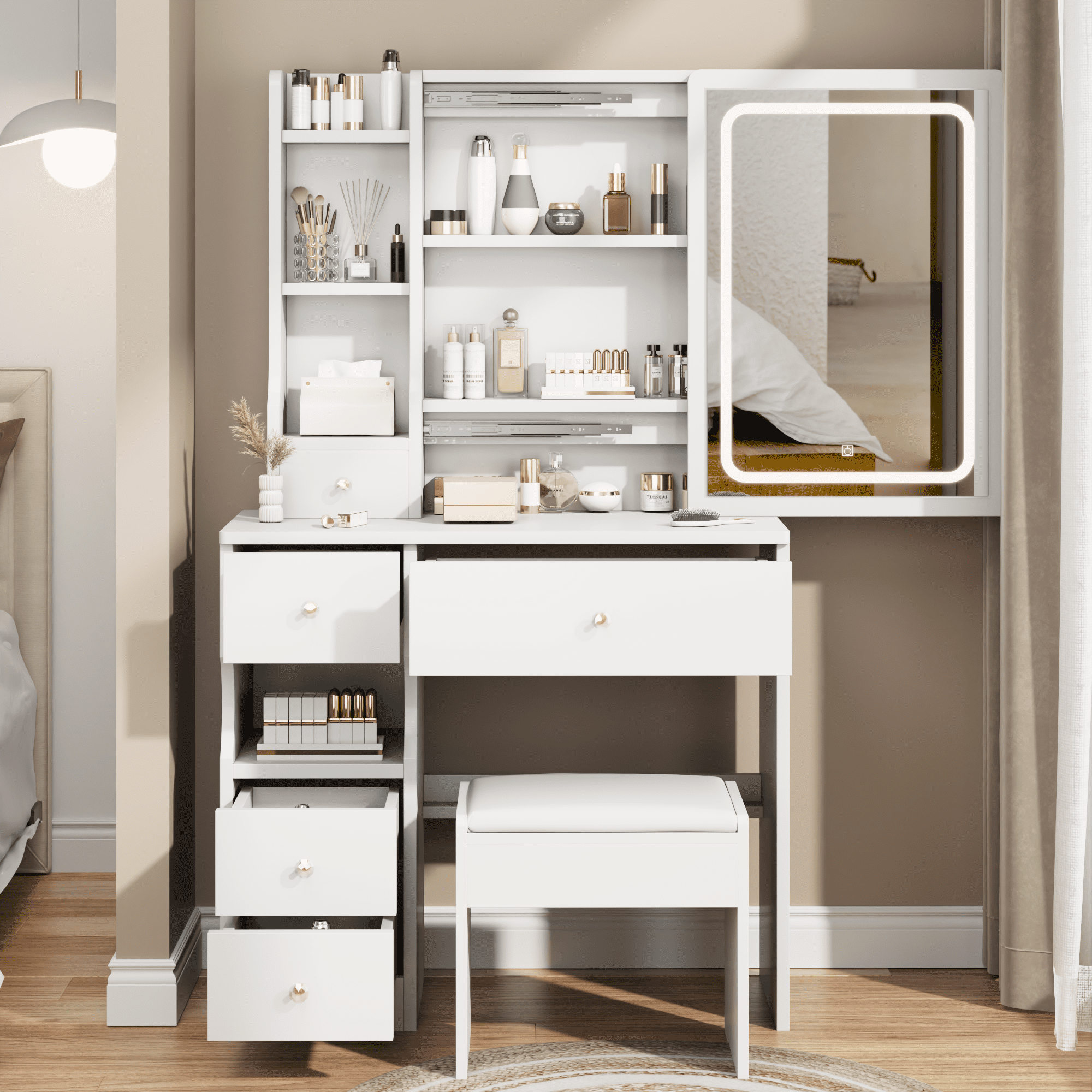 PORKISS Vanity Set with Sliding LED Mirror for Girls, Vanity Desk with Cushioned Stool and 4 Storage Drawers, Multi-Layer Shelves, Dressing Table for Small Bedroom, White