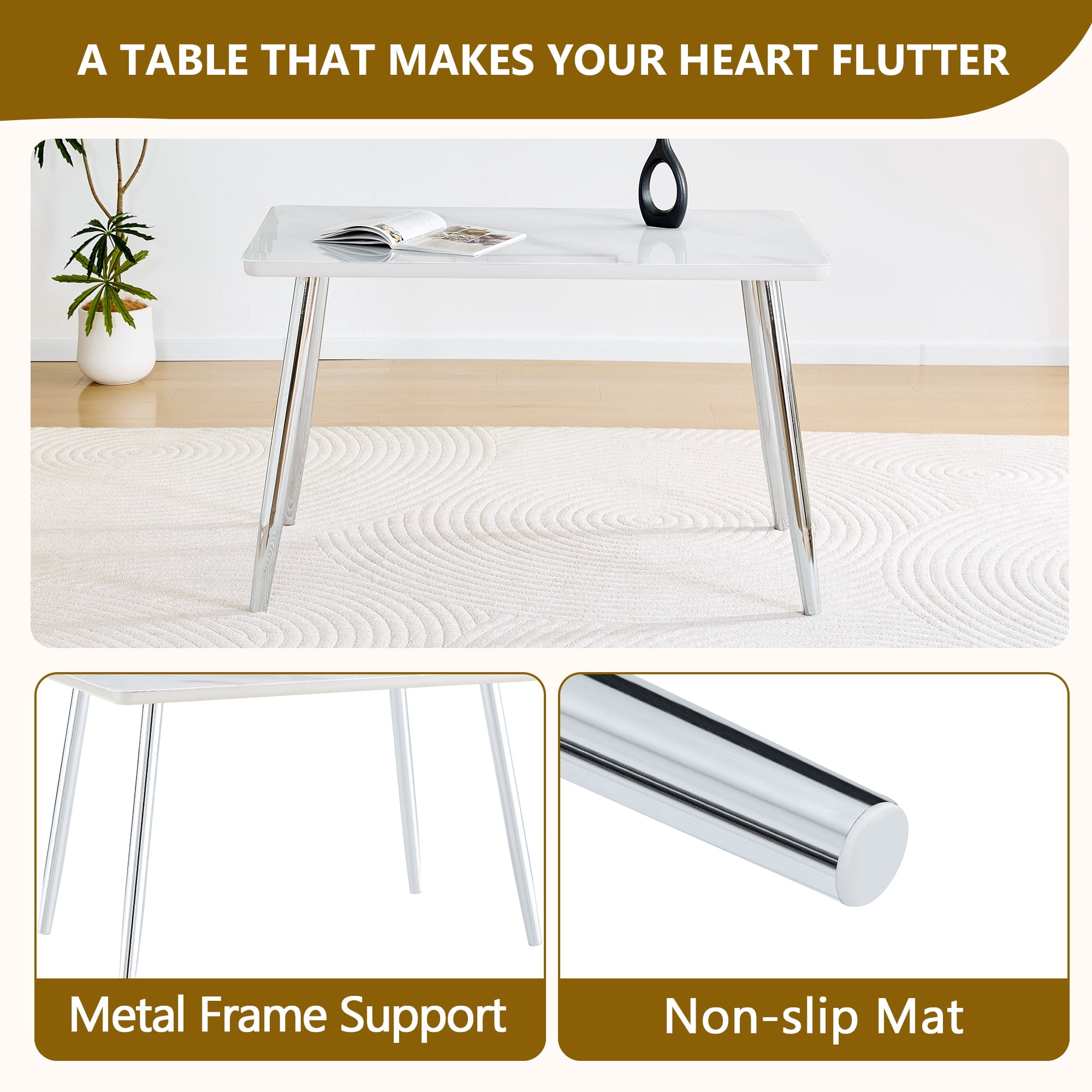 Hi loPres 47" Modern Rectangular Dining Table for Apartments, Faux Marble Tempered Glass Top Kitchen Desk with Stable Silver Metal Legs, Minimalist Style