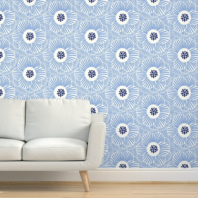 MODERN LARGE SCALE FLORAL BLUE AND WHITE PEEL AND STICK WALLPAPER