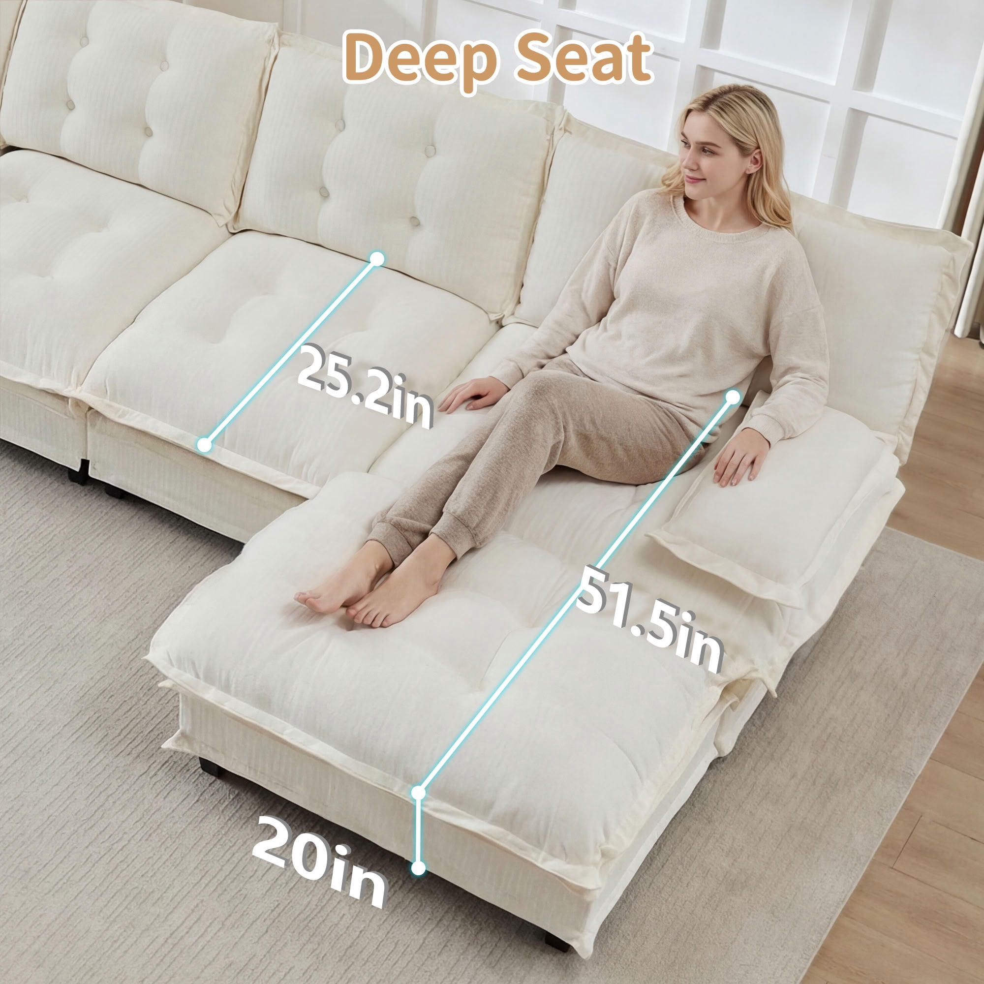 MAYEERTY 107 Inch Cloud Modular Sectional Sofa, L-Shaped 3-Seater Chenille Couch, Solid Wood & Metal Frame for Home Living Room