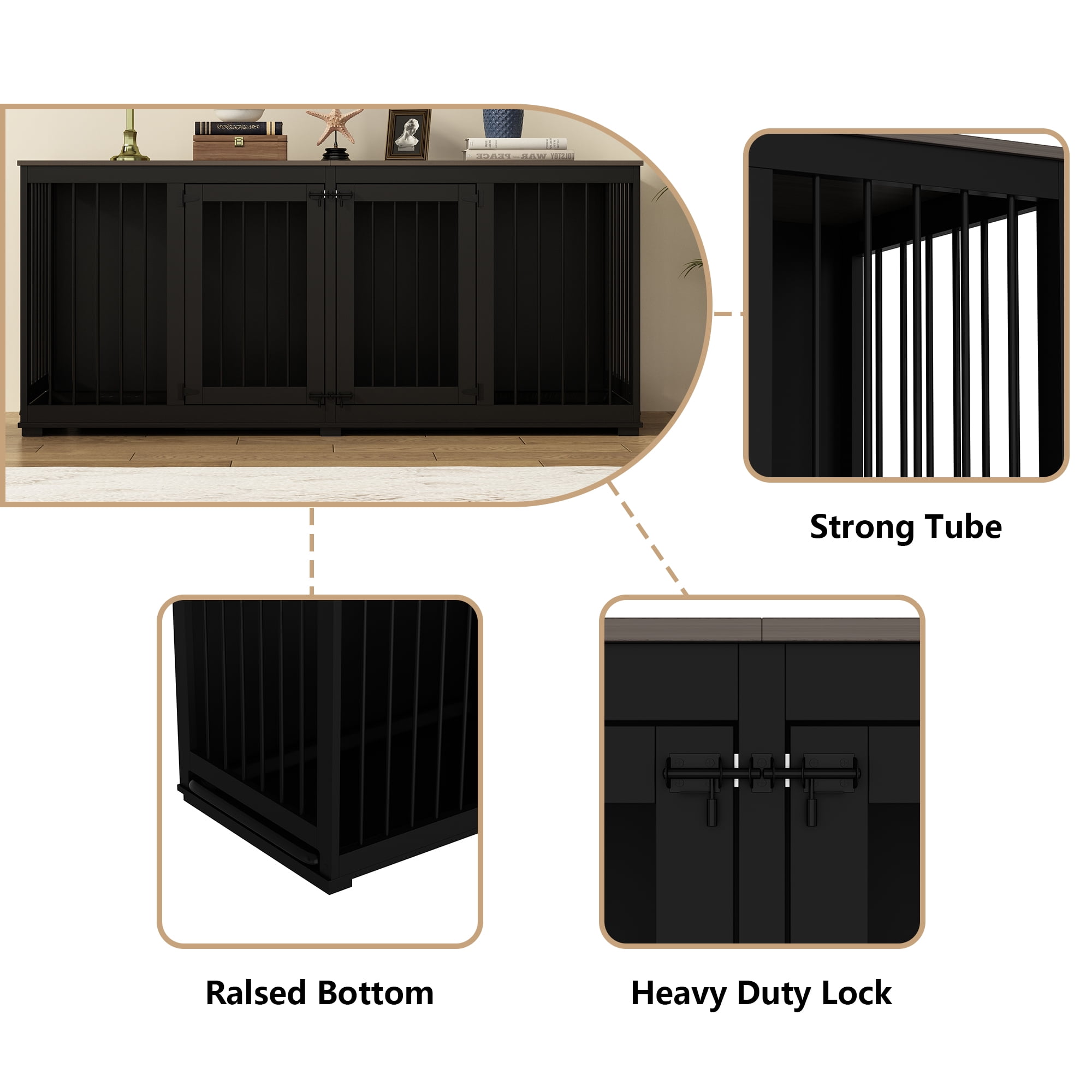 NARTRU Dog Crate Furniture, Wooden Dog Kennel with Tray and Divider, 70.9" , Black