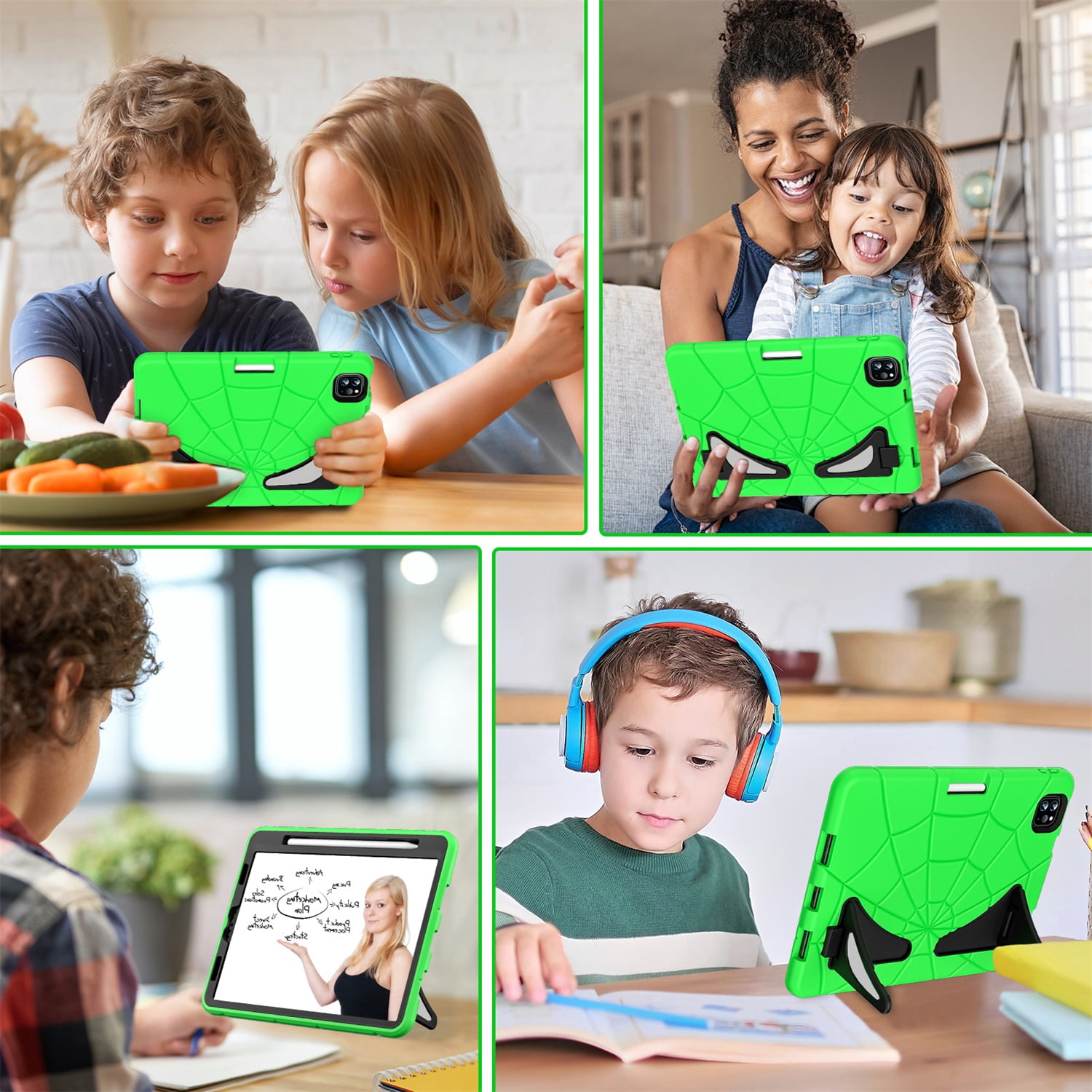 Kids Case for iPad 9th/8th/7th Generation with Pencil Holder, Lightweight Shockproof Stand Anti-Slip Rugged Silicone PC Case Cover for iPad 10.2" 2021/2020/2019 for Boys Girls, Green+Black
