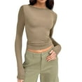 thumbnail image 1 of Gibobby Camisa De Invierno Camisetas ajustadas de manga larga con cuello redondo para mujer, camiseta básica sólida ajustada ajustada, camisa recortada para entrenamiento y Yoga（Caqui， XS), 1 of 5