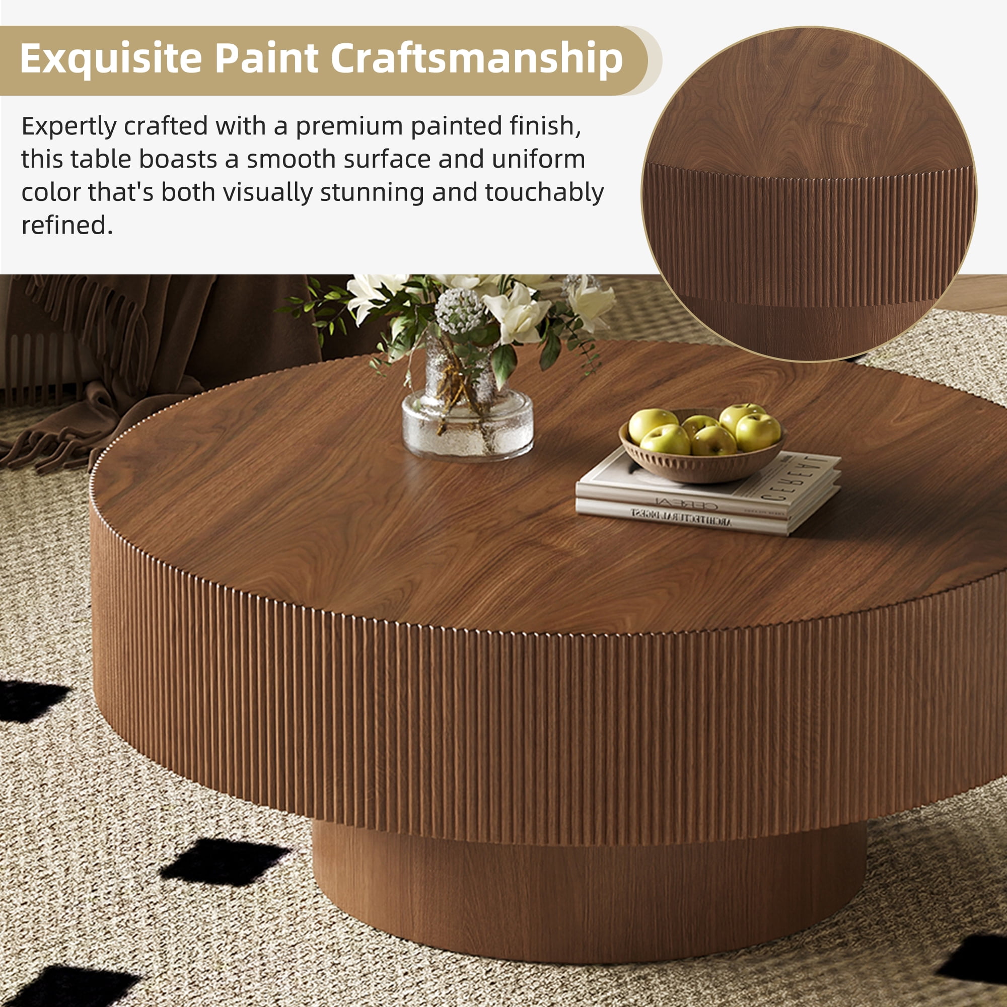 Euroco Elegant Easy Assembly Round Coffee Table with 6.8" Thick Tabletop, Modern Drum End Table, Minimalist Fluted Center Table with Sturdy Base for Living Room, Walnut, 31.5"W*13.7"H