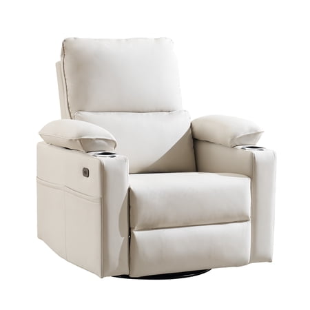 270° Swivel Rocker Recliner with Adjustable Memory Armrests,Oversized Power Nursery Recliner with USB Port,Rocking Chair Nursery with One-Touch Reset,Double Cup Holder,Faux Leather,Beige