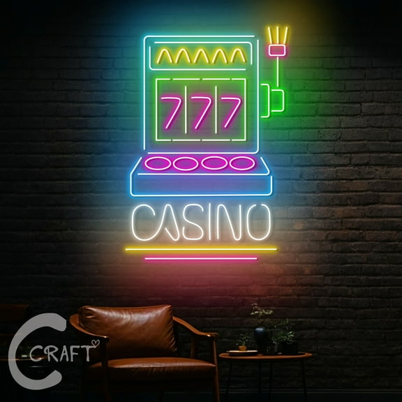 C-CRAFT Slot Machine Neon Led Light Up 27 inch for Casino Game Room Man Cave Wall Decor