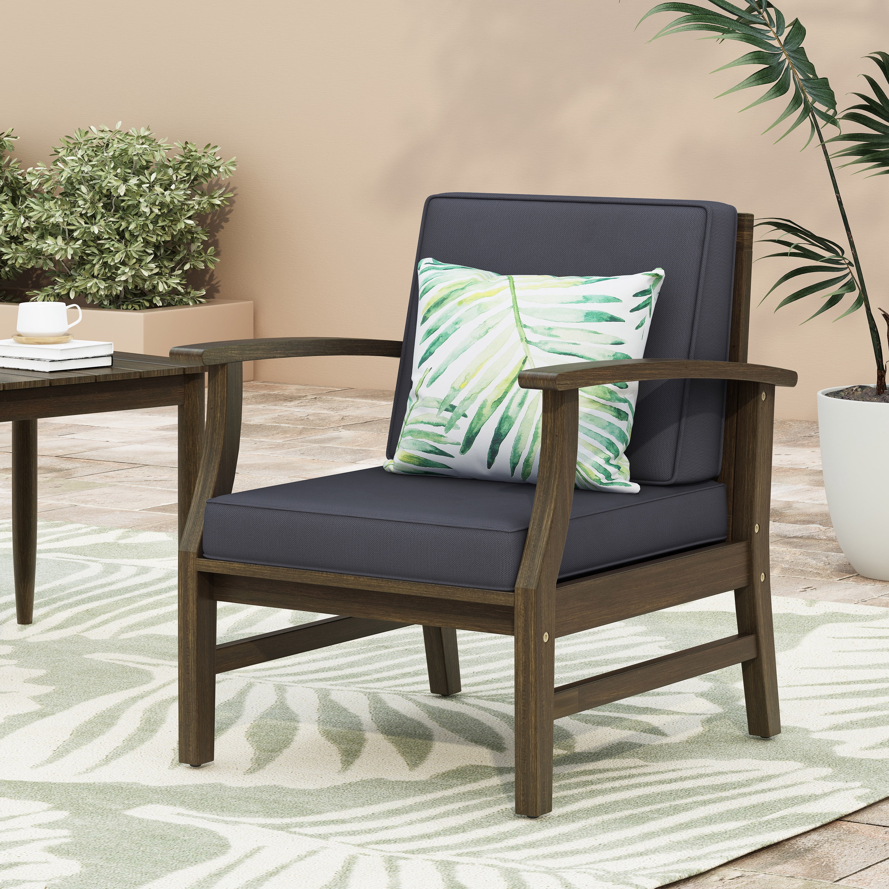 Outdoor Single Acacia Wood Club Chair, Comfort Leisure Seat for Patio Garden, Dark Gray