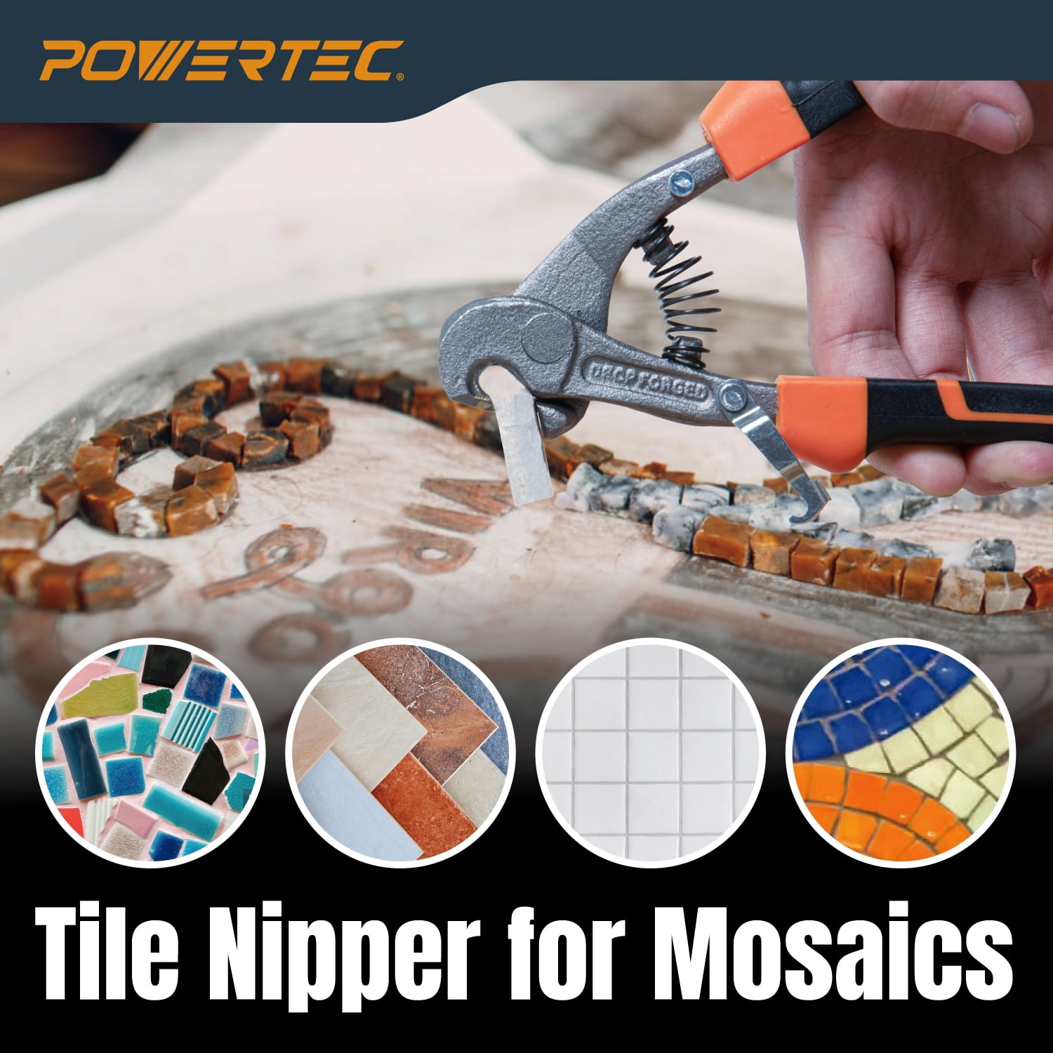 POWERTEC Parrot Head Tile Nippers for Glass, Ceramic, Porcelain, and Mosaic, Ergonomic Soft Grip, Heavy Duty Blades Cuts and Trim Tile Up to 2/5" Thick (71902N)