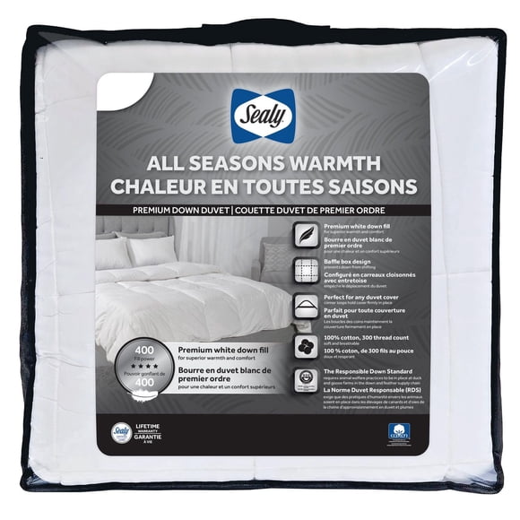 Couette en duvet toutes saisons Sealy, taille Full/Queen – Housse en coton à carreaux cloisonnés (baffle box), garnissage en plumes et duvet.