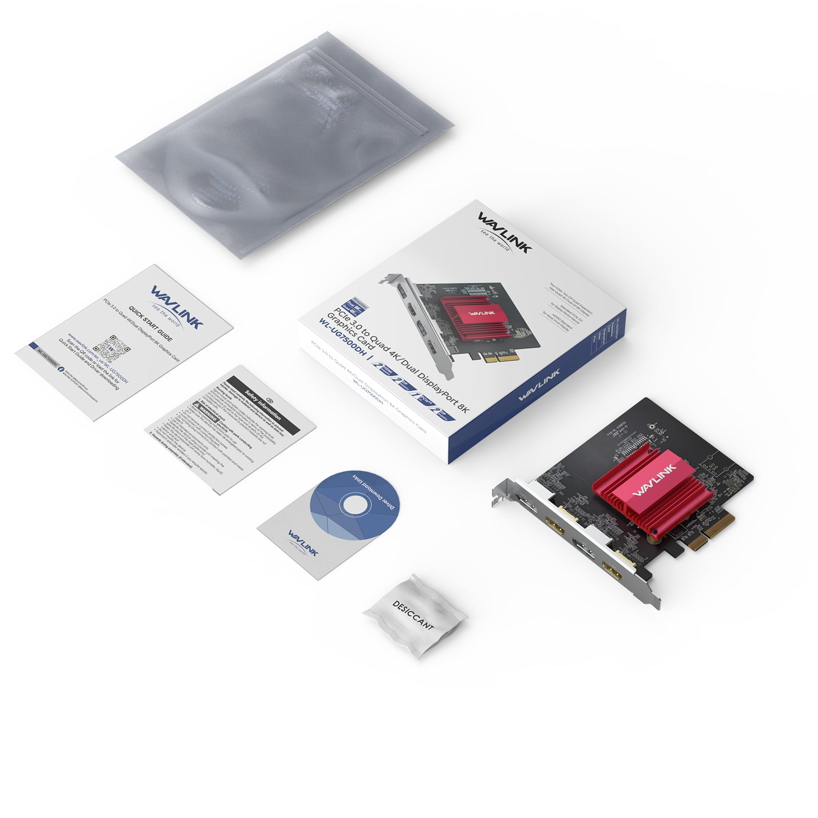 WAVLINK 4K/8K Computer PCIe 3.0 Video Card, PCIe to Quad 4K/Dual DP 8K Graphics Card with 2HDMI+2DP Ports for Windows 11/10 & Ubuntu