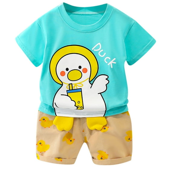 WOYY Toddler Boys Outfits Cartoon Print Short Sleeved T Shirt Shorts Set Summer Clothes Set