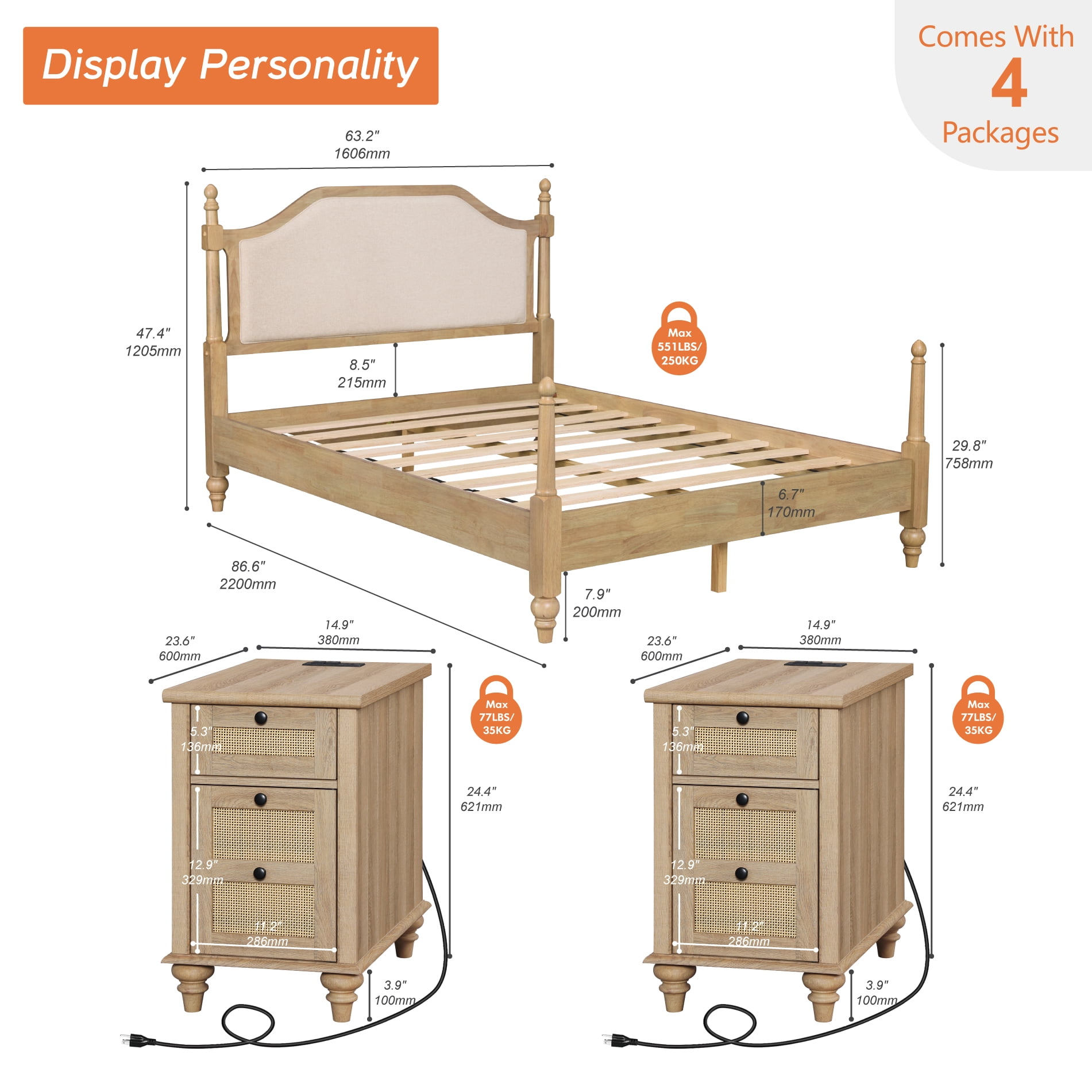 3 Piece Bedroom Furniture Set, Queen Bed Frame & 2 Rattan Nightstands, Charging Station, Drawer & Storage Cabinet, Oak