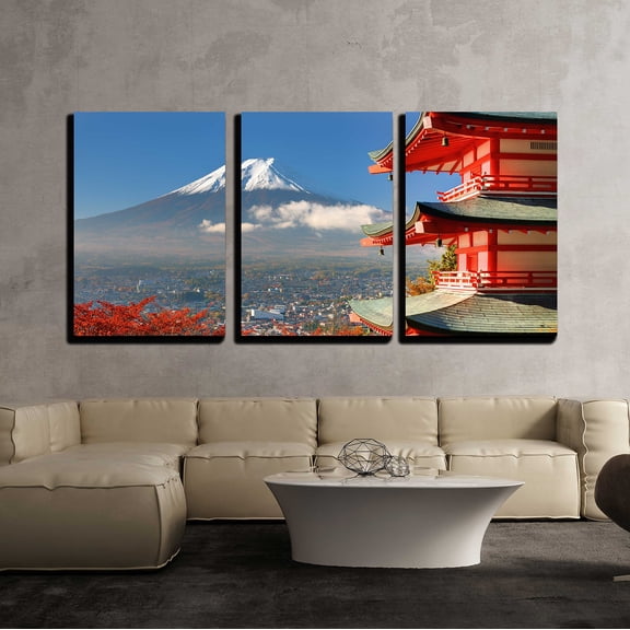 wall26 - 3 Piece Canvas Wall Art - Mt. Fuji Viewed from Behind Chureito Pagoda. - Modern Home Art Stretched and Framed Ready to Hang - 24"x36"x3 Panels