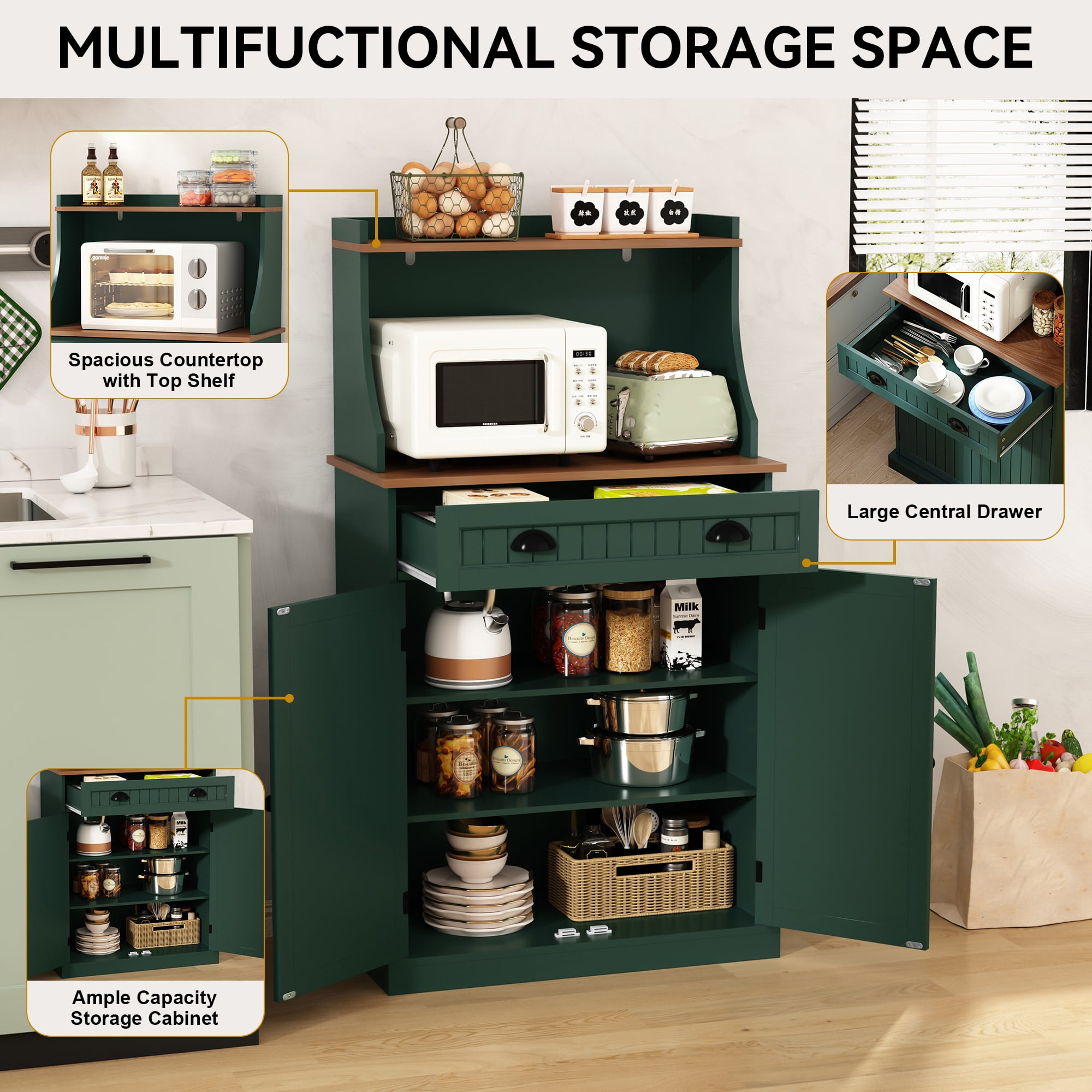 CBJCBJ 54" Kitchen Pantry Cabinet with Door & Shelves, Sideboard Buffet Cabinet with Microwave Stand for Dining Room,Green