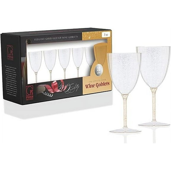 Posh Setting 7oz, Gold Glitter Plastic Wine Glasses Hard Plastic Disposable Stemware, Drinking Cups with stem for Toasting, Weddings parties Plastic Wine cups for Home [8 Pack]