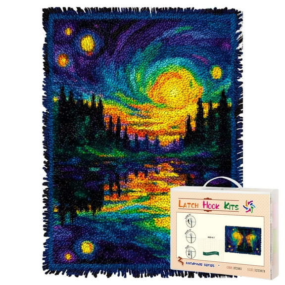 Latch Hook Rug Kit Night Stars Lake Landscape Pre-printed Handmade Carpet Crochet Yarn Craft DIY Hook and Latch Door Mat Tapestry for Home Floor Decoration 52x38cm-1