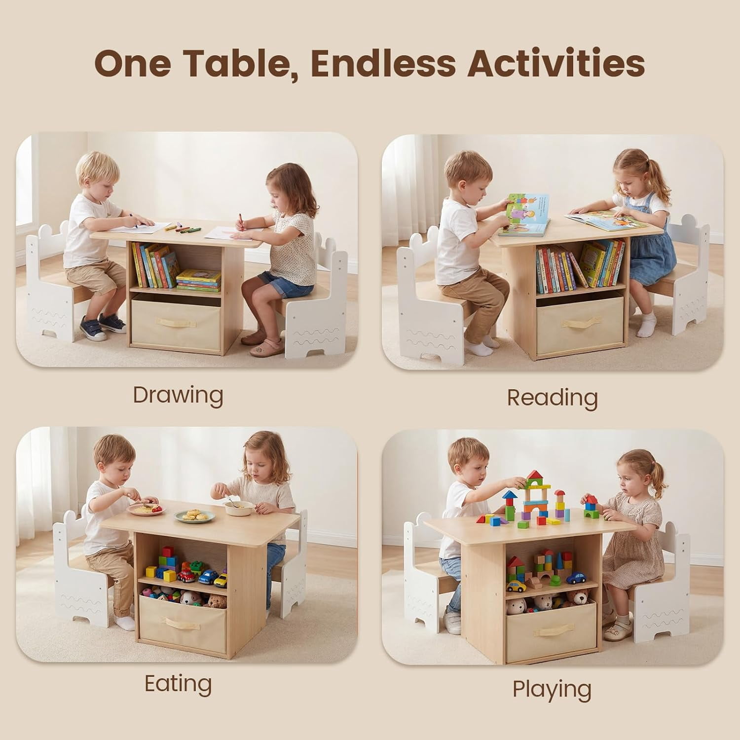 OLAKIDS Kids Table and Chair Set, 4 in 1 Wooden Activity Desk with Foldable Storage Drawer, Children Furniture for Art Crafts Drawing Reading Dining