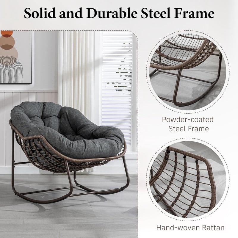 Outdoor Rattan Rocking Chair, Rocking Papasan Chair with Thick Cushion, Comfy Wicker Egg Chairs Lounge Recliner Chair, Padded Cushion Rocker