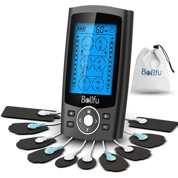 Estimulador muscular TENS EMS de doble canal Belifu con 24 modos para aliviar el dolor, masajeador electrónico de pulso con 10 almohadillas, bolsa de almacenamiento con cordón antipolvo y bridas.