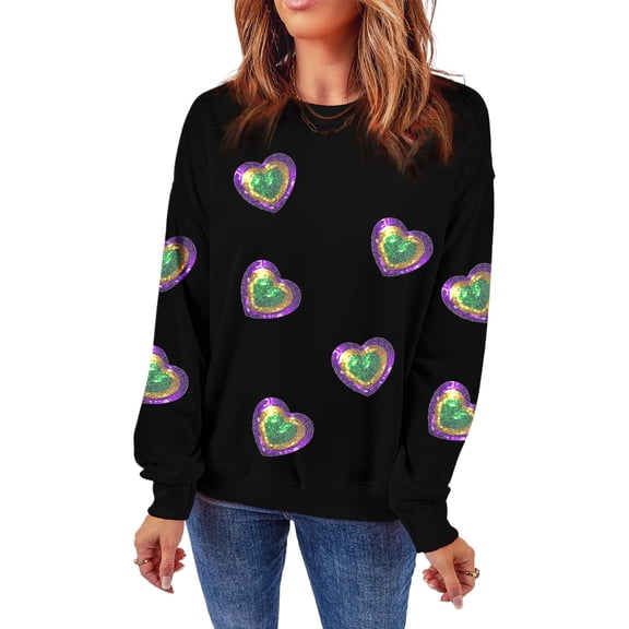 Women's Black Mardi Gras Heart Print Crew Neck Sweatshirt - Casual & Comfortable | [ZhiHiMeRi] | (US 20-22)2XL