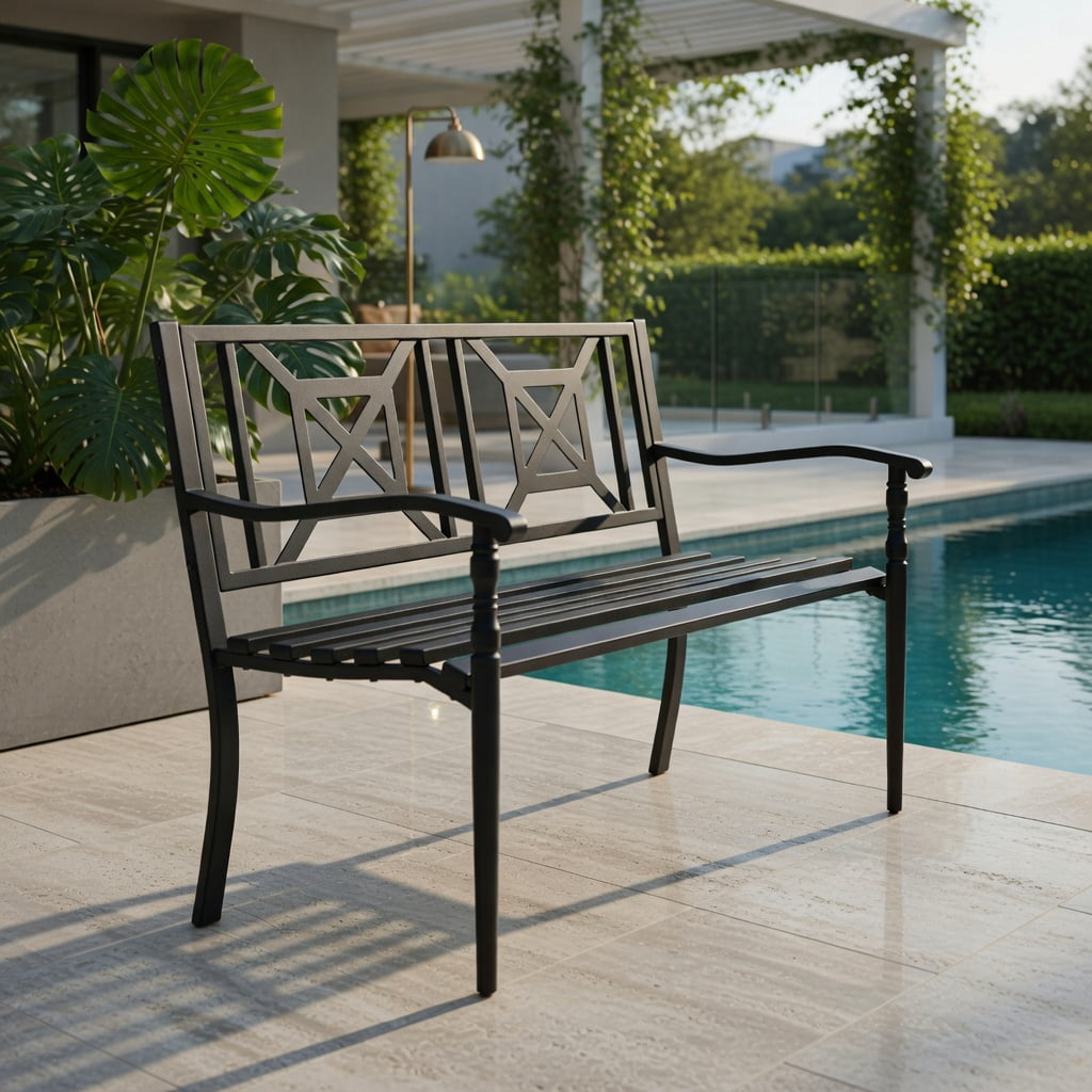Hommoo Outdoor Patio Garden Bench, Modern Classic Design Heavy-Duty Powder-Coated Steel Bench for Backyard, Poolside & Balcony, Black