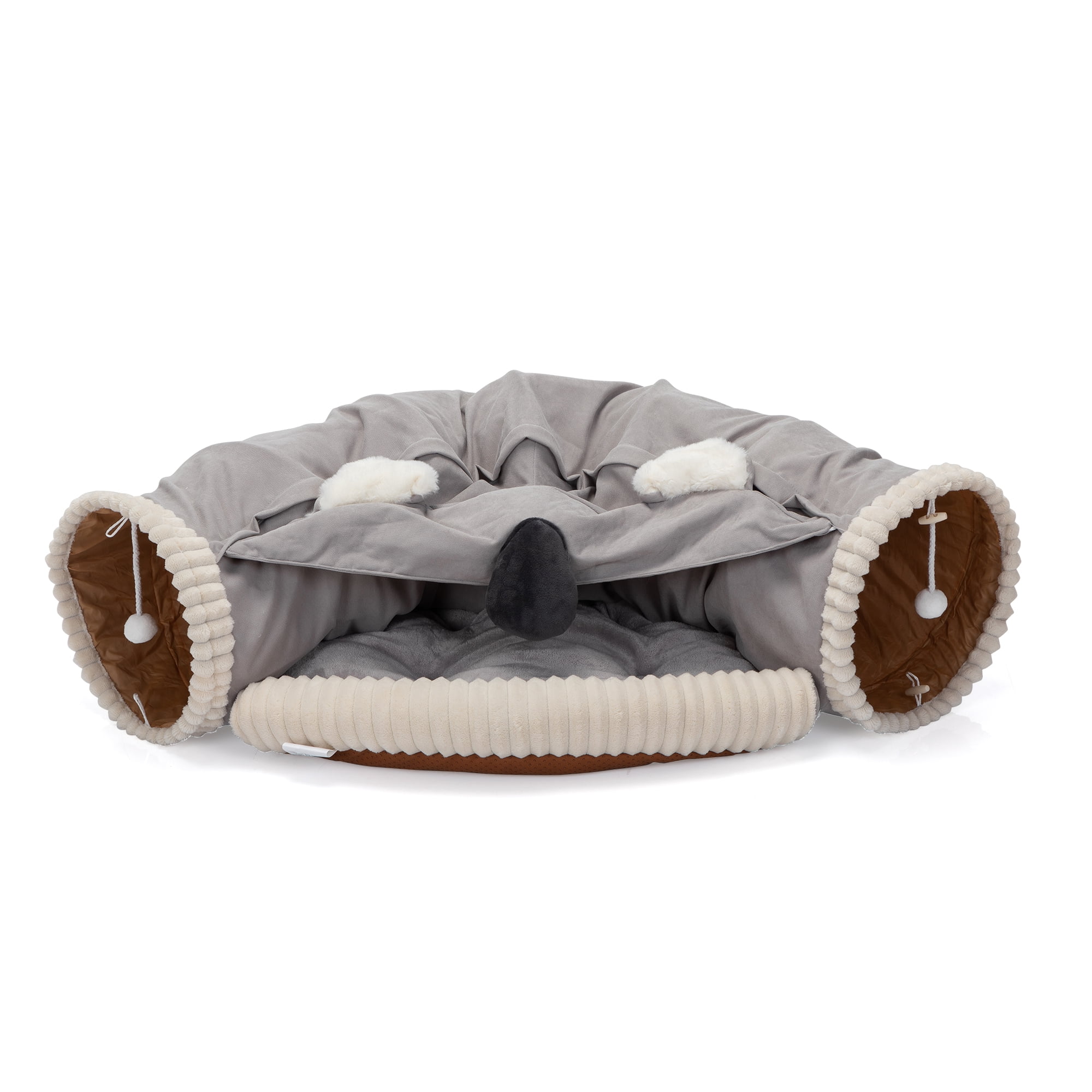 COZIWOW 2-in-1 Cat Tunnel Bed with Hanging Scratching Balls & Removable Mat, Gray