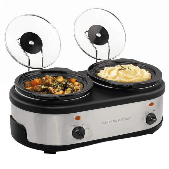 OVENTE Double Slow Cooker, Buffet Server and Warmer with Two 1.5Qt Removable Ceramic Pot, Adjustable Temperature Control and Tempered Glass Lid for Parties, Gatherings and Holidays, Silver SLO215BR