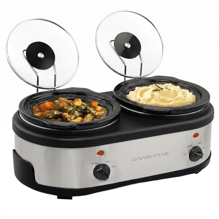 OVENTE Double Slow Cooker, 3Qt Buffet Server, Silver SLO215BR | Dual 1.5Qt Pots, Adjustable Heat Control, Easy to Serve & Clean, Perfect for Entertaining, Space-Saving Design