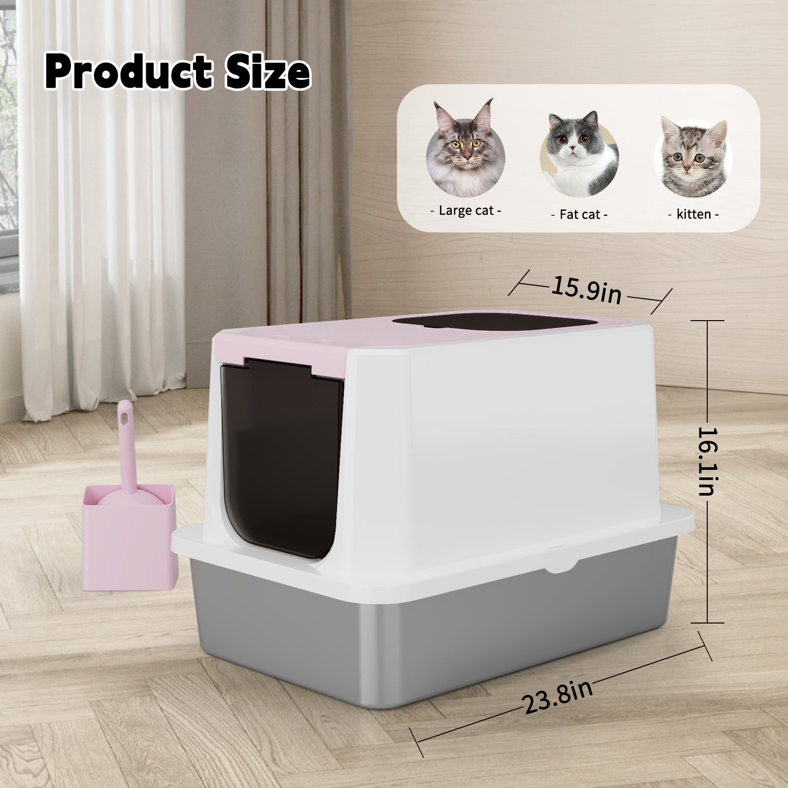 RIZZARI Enclosed Cat Litter Box: Large Top & Front Entry - High-Sided Anti-Scatter Design - Stainless Steel Odor Control - Easy Clean  Non-Stick Coating- Pink Litter Pan