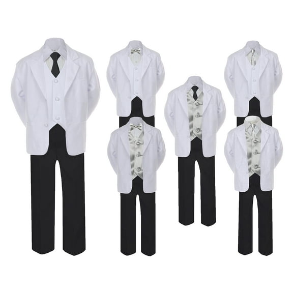 5-7pc Formal Black White Suit Set Silver Bow Long Tie Vest Boy Baby Kids Sm-20 Teen