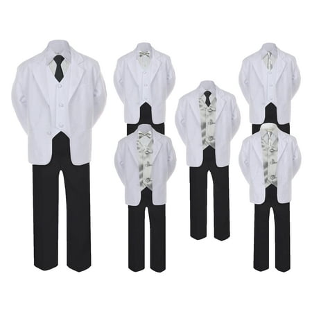 

5-7pc Formal Black White Suit Set Silver Bow Long Tie Vest Boy Baby Kids Sm-20 Teen