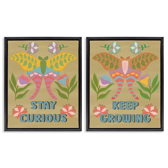 Stupell Industries Stay Curious & Keep Growing Quotes and Sayings Painting Black Floater Framed Canvas Art Print Wall Art, 17 x 21, Set of 2
