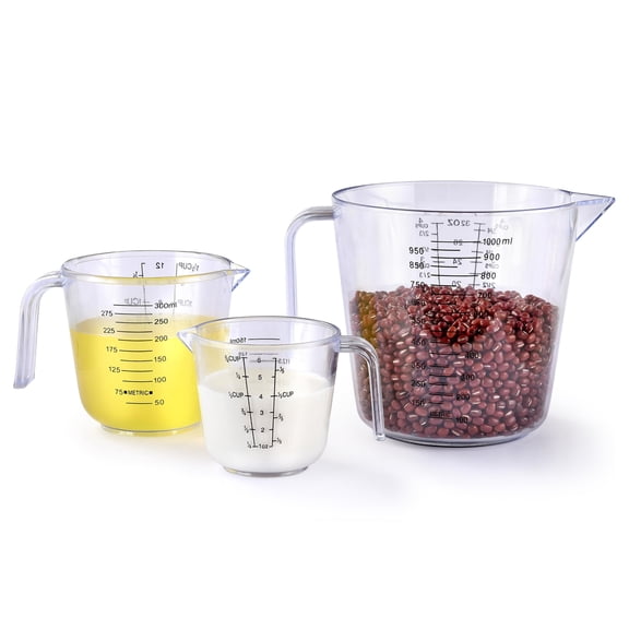 Genreen 3-Piece Plastic Measuring Cup Set – BPA-Free Liquid Measuring Cups with Angled Spout & Handle – Nesting Kitchen Prep Set for Baking and Cooking, Dishwasher Safe (4 Cup, 1.5 Cup, 3/4 Cup)