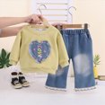 thumbnail image 2 of Toddler Girls Outfits 9 12 18 24 Months 2T 3T 4T 5T Girls Fall Winter Clothes Toddler Girls Ruffle Long Sleeve Cute Top Jeans Bell-bottomed Pants 2PCS Set Yellow Size 3-4 Years, 2 of 5