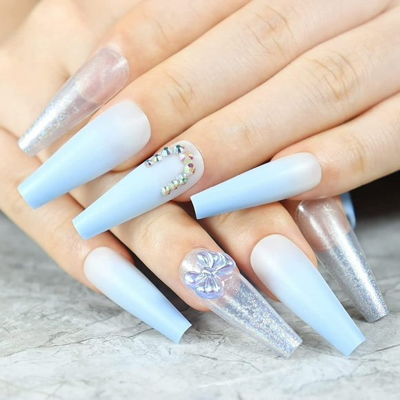 Extra Long Coffin Press on Nails Matte Ombre Rhinestone Fake Nails with 3D Clear Bling Bow Design 30Pcs Glitter Acrylic Ballerina False Nail Tips for Women and Girls (Blue)
