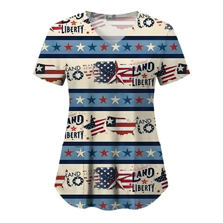 

Women Scrubs Top Independence Day Casual Printed Short Sleeve Loose V Neck T Shirt Nurses Clothes With Pocket Spring Summer Daily Nursing Uniforms Nursing Care Working Uniforms