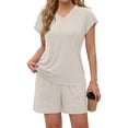 thumbnail image 3 of MOSHU Womens Pajamas Sets V Neck Tops and Drawstring Shorts Sets with Pockets Two Piece Lounge Sets Oufits, 3 of 12