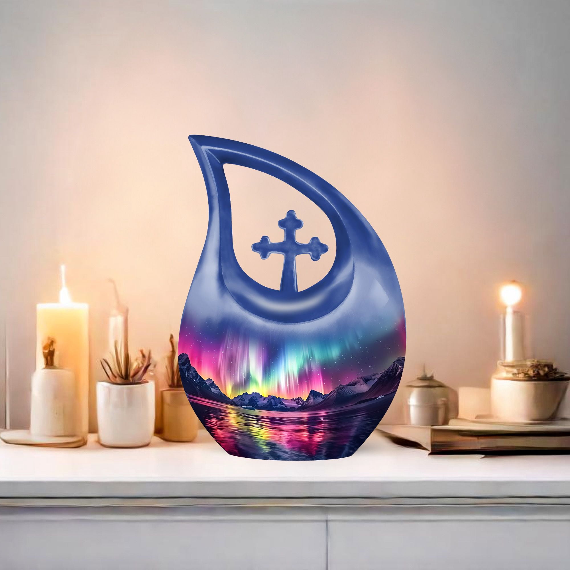 MUKTIVE Aurora Borealis Cremation Urns for Human Ashes Adult Female - Large Purple Memorial Urns for Adult Male - Northern Light Cross Drop Funeral Urn - Burial Urn for Human Ashes - 10 Inch