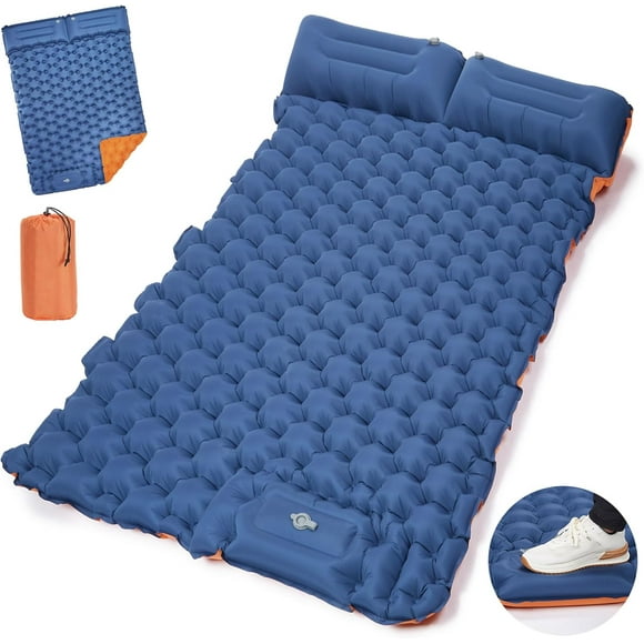 Camping Mattress 2 Person, Double Sleeping Pad for Camping Mat Inflatable Air Bed with Pillow Built-in Foot Pump Backpacking Hiking Traveling Gear Compact Self Inflating