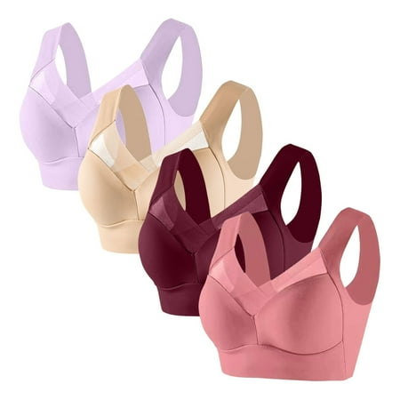 WIZUTIZ Women s T-Shirt Bra Plus Size Bras for Women 4-Pack Supportive Brassiere Wireless Anti-Sagging Breathable Full Coverage Bralette with Wide Straps Solid Mesh Underwear for Ladies Swim XL Purple