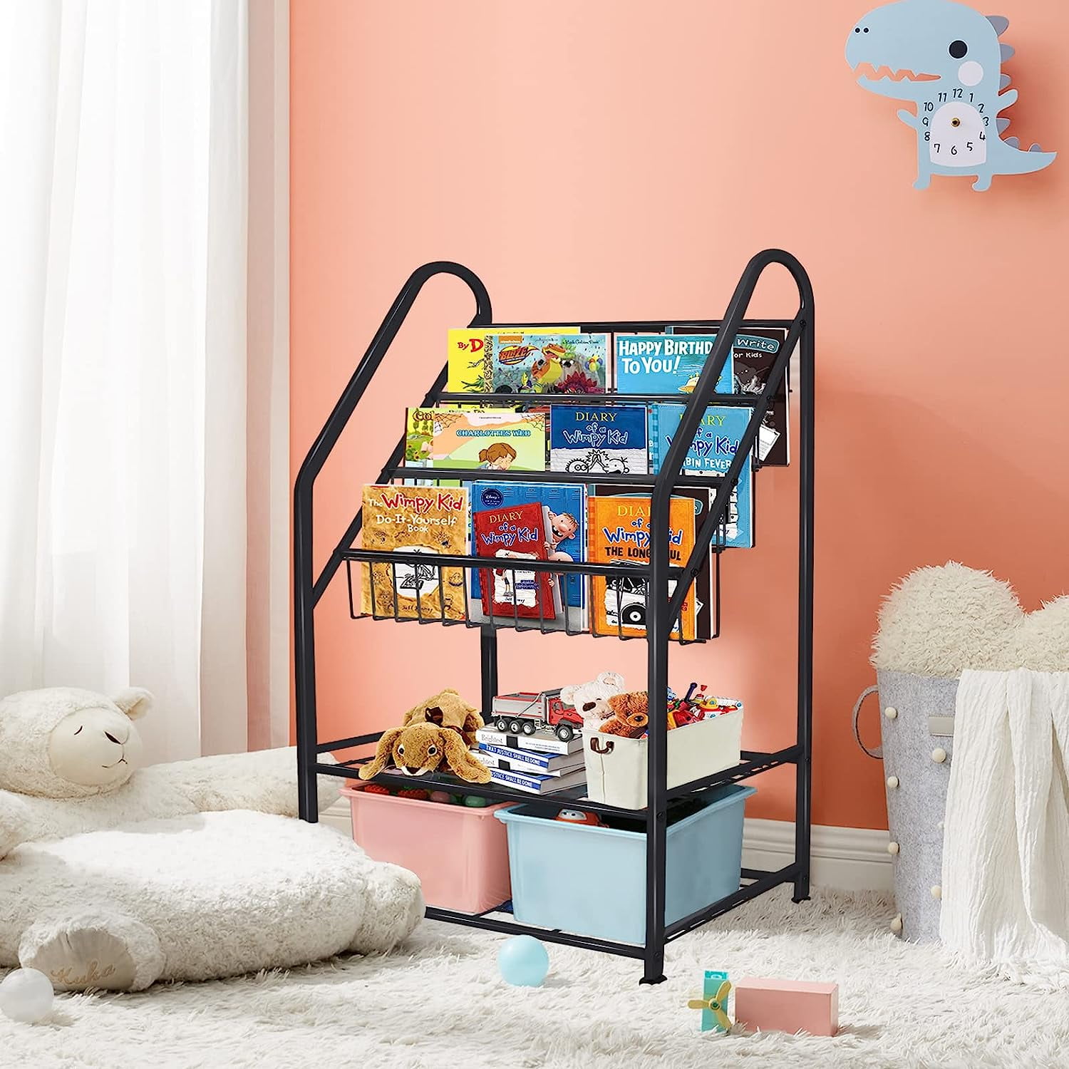 aboxoo Metal Kids Bookshelf Freestanding Bookcase for Children Room 32 in Toy Organizer Large Modern Minimalist White Stable Metel Bookstore Bedroom